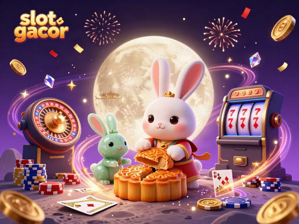 Experience joy with slot gacor as a moon rabbit reveals poker chips amid magical casino visuals.