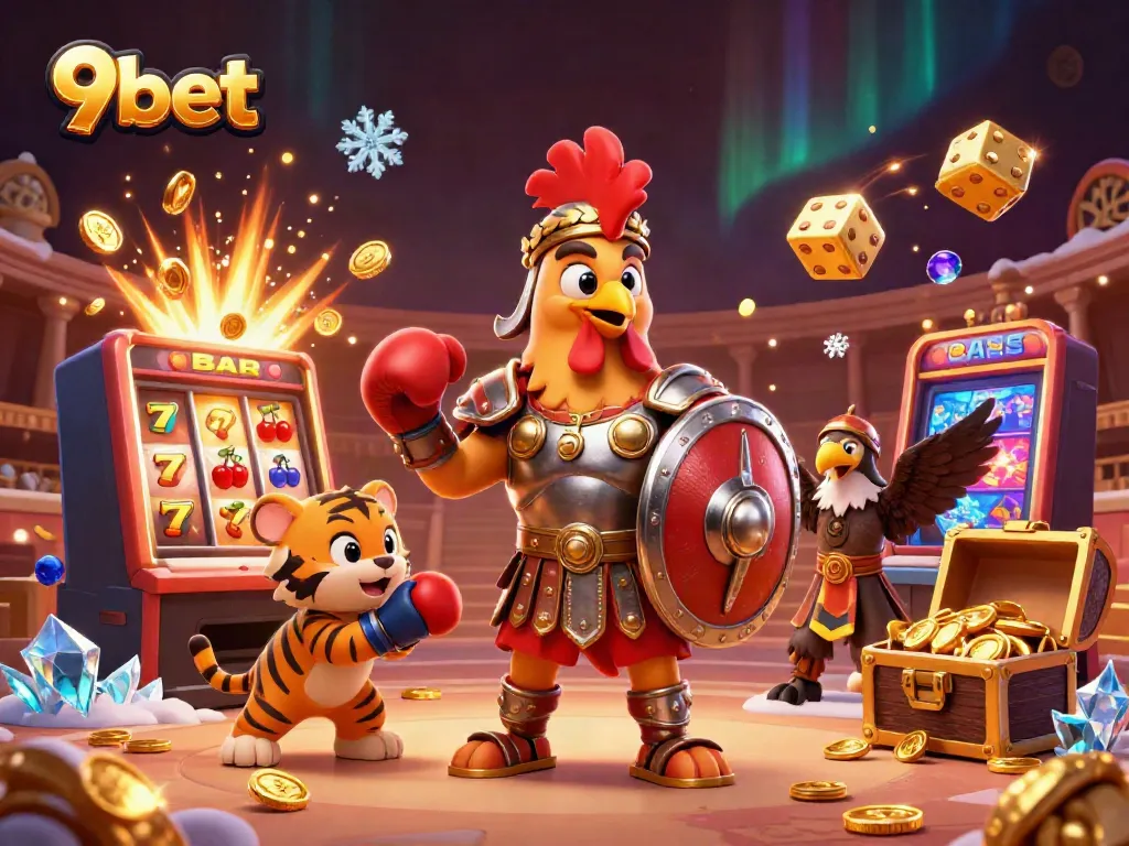 Experience the excitement at 9bet with thrilling casino action featuring a gladiator rooster and gold coins.