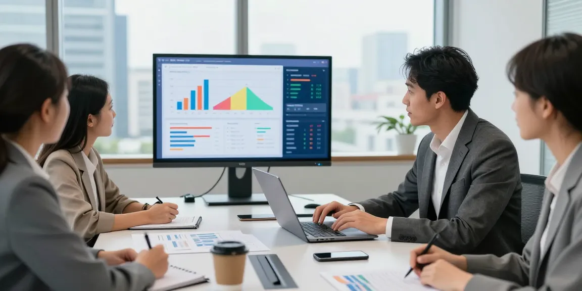 SEO Berater, der Website-Metriken in einem modernen Büro mit Kollegen analysiert.