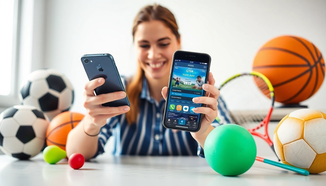 Entdecke die besten Wett Apps auf einem Smartphone mit Sportartikeln im Hintergrund.