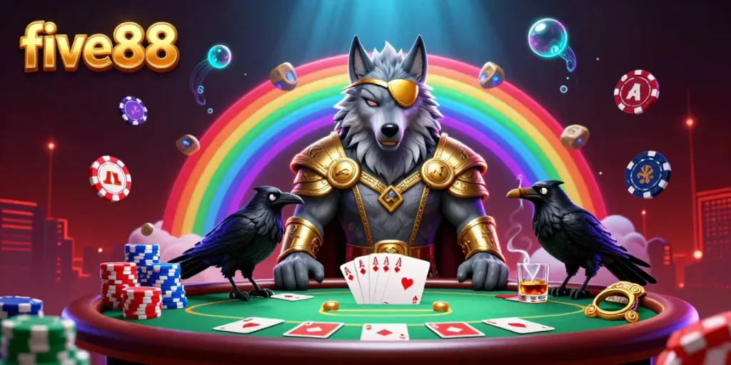 Win big with five88's epic casino scene featuring Norse mythology-inspired characters and poker elements.