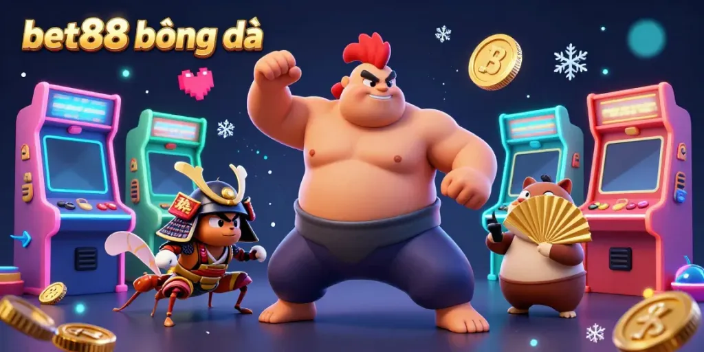 Experience vibrant action with bet88 bóng đá as sumo wrestler rooster and samurai cricket face off amidst colorful arcade elements.