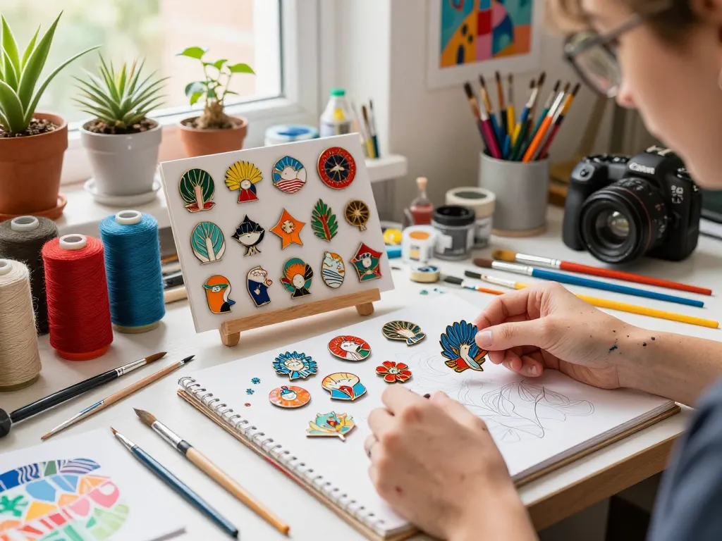 Individuelle pins showcased on a vibrant artist's workspace, capturing creativity and design.