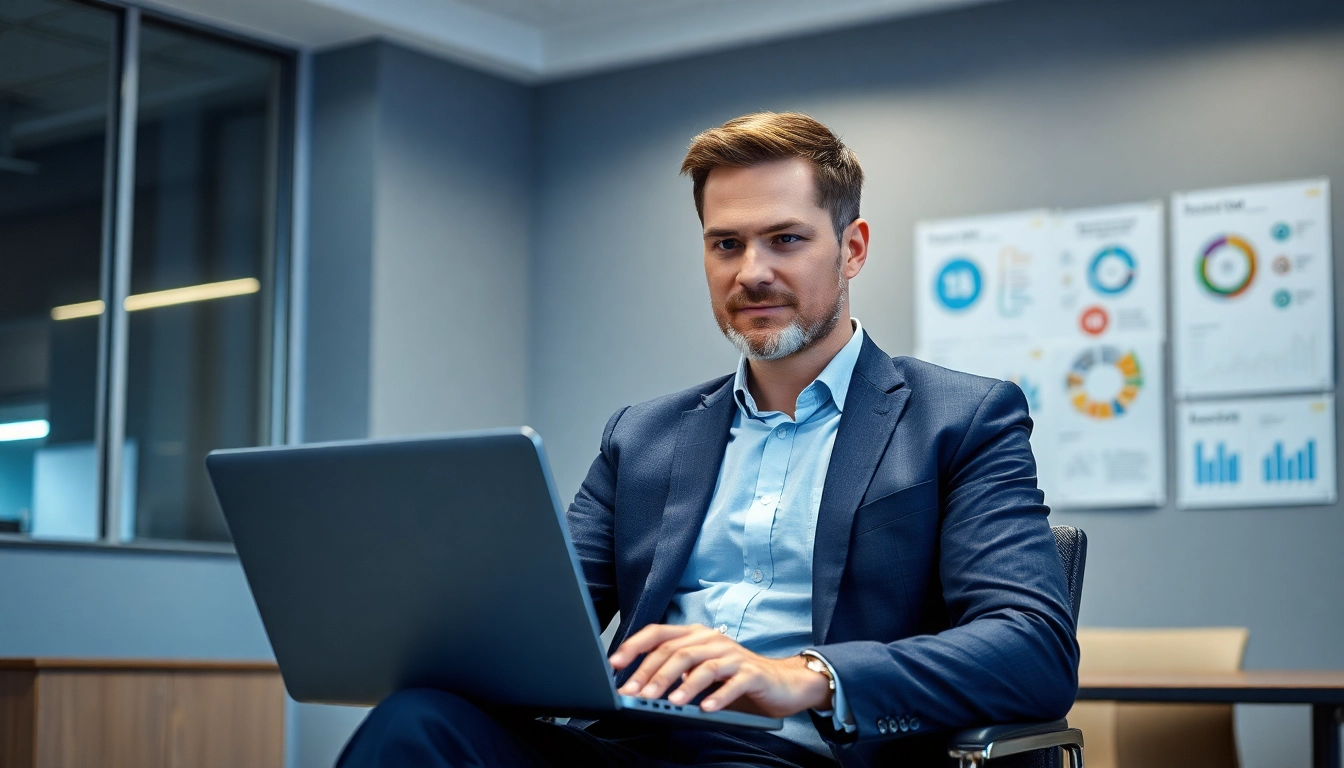 Der Headhunter IT arbeitet konzentriert an einem Laptop in einem modernen Büro.