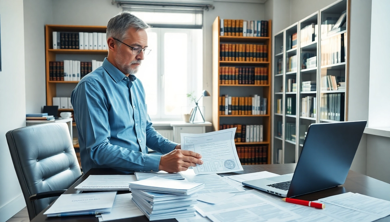 Beglaubigter Übersetzer (beglaubigte Übersetzer) prüft offizielle Dokumente in einem professionellen Büro.