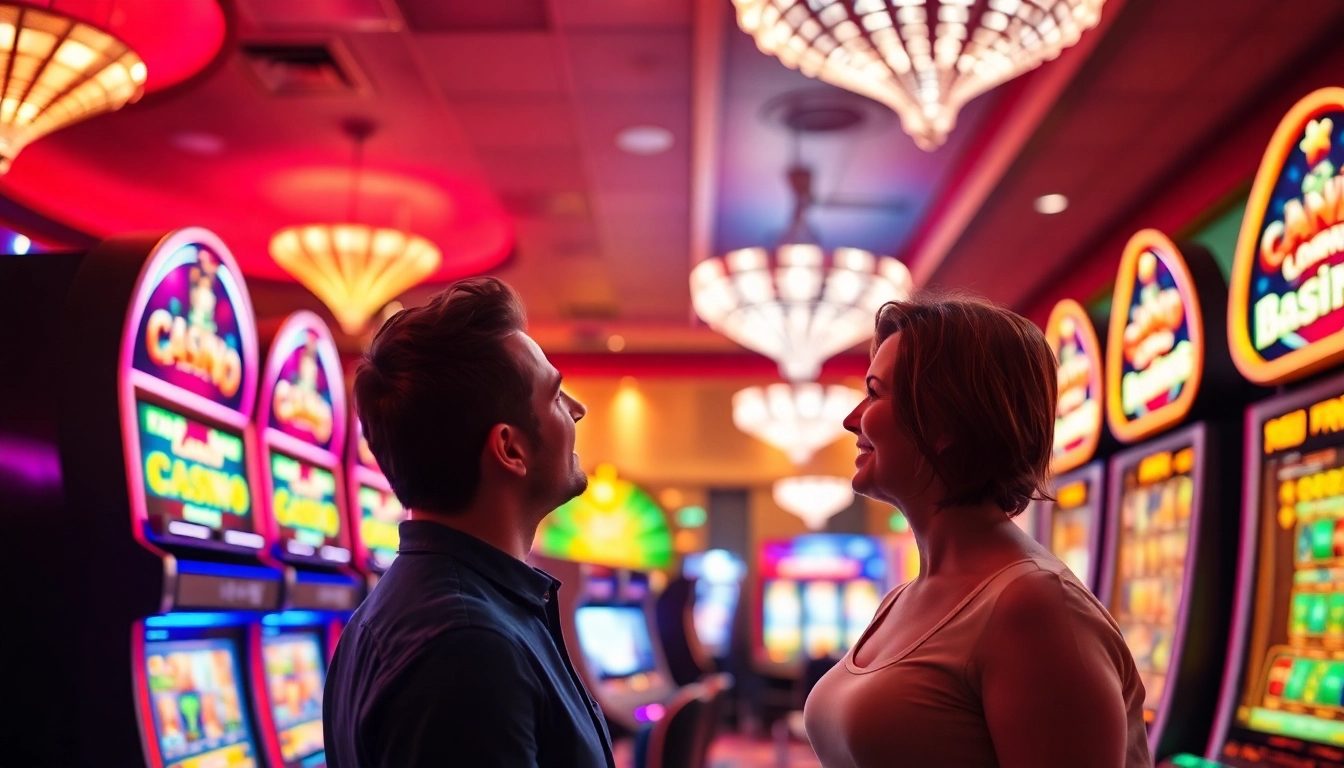 Visualisiere einen aufregenden Casino Bonus mit lebhaften Spielautomaten und glücklichen Spielern im klassischen Casino-Setting.