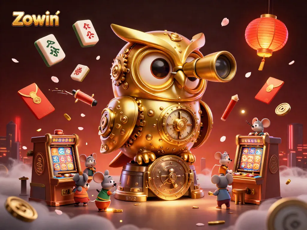 Zowin offers immersive casino experiences featuring a golden owl surveying bustling slot machines.