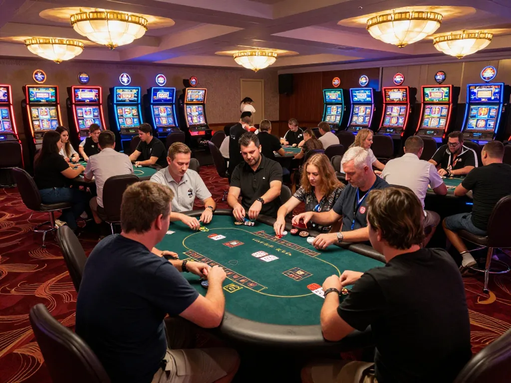 Players enjoying poker and betting strategies at a lively casino floor directregth setting
