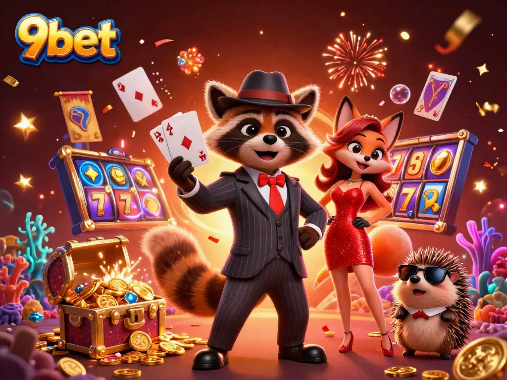Win big at 9bet with our casino's exciting slots and jackpot games, featuring vibrant characters and dynamic elements.