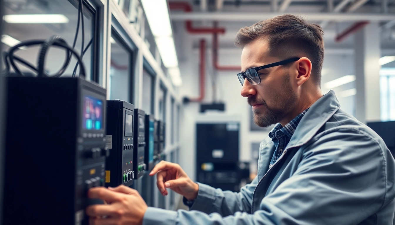 Techniker führt eine DGUV V3 Prüfung an elektrischen Geräten durch, um die Sicherheit am Arbeitsplatz zu gewährleisten.