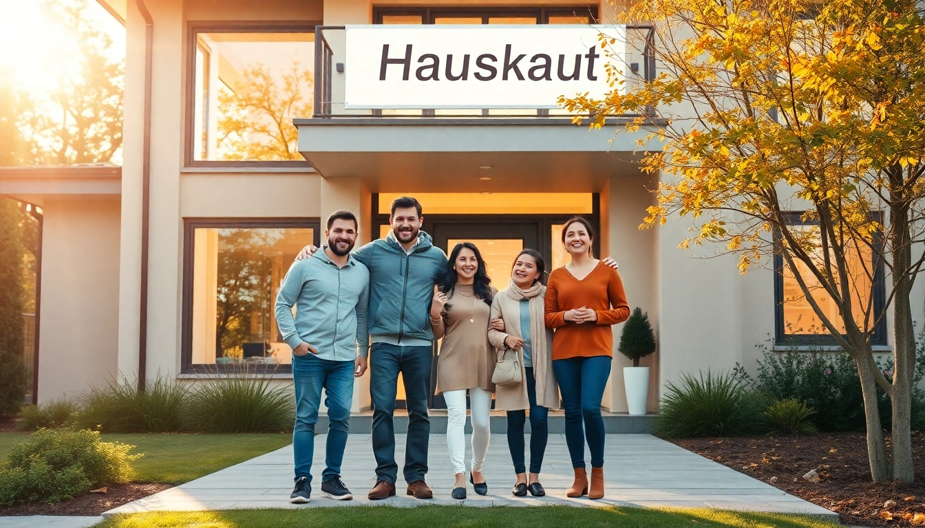 Familie feiert ihren Hauskauf vor ihrem neuen, modernen Zuhause.