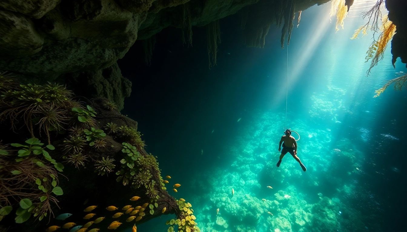 Tauchen Cenotes: Sportler entdeckt Kristallwasser und Höhlenformationen in einer faszinierenden Unterwasserlandschaft.