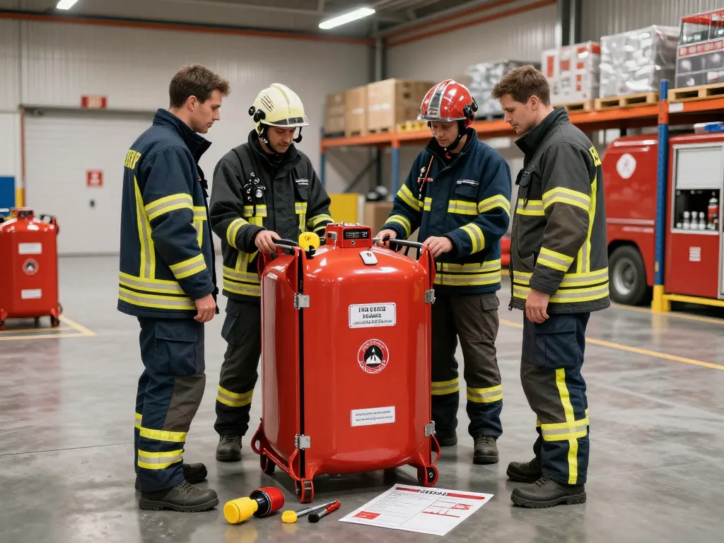 Löschwasserzisterne für Logistikzentrum wird von einem professionellen Team in einem Lager inspiziert, das Brandschutzlösungen hervorhebt.