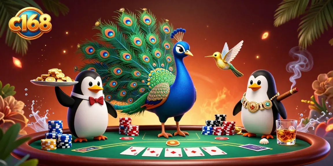 Experience the vibrant excitement of c168 casino with a whimsical 3D illustration of a peacock, a penguin butler, and a hummingbird amidst poker-themed elements.