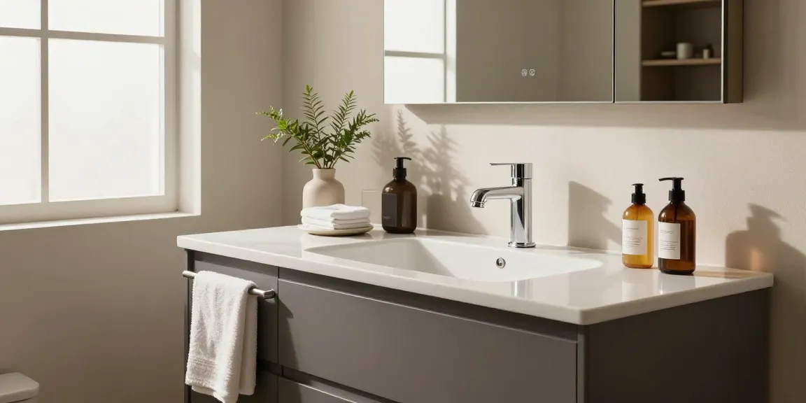 Moderne badkamermeubel met elegante accessoires in een serene badkameromgeving.