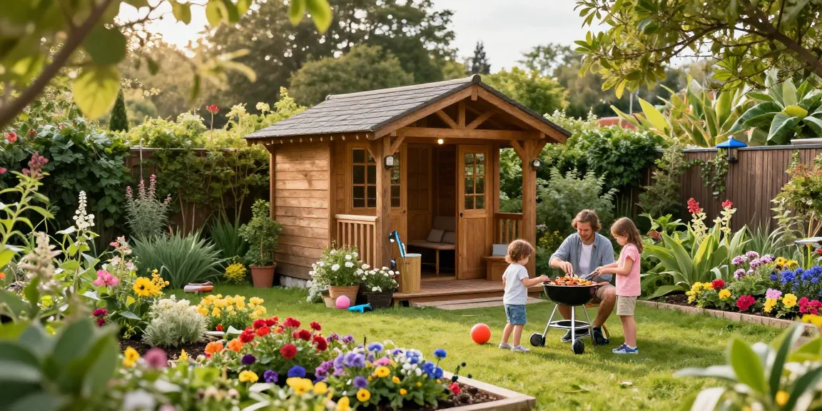 Gartenhäuser im idyllischen Garten mit blühenden Blumen und spielenden Kindern