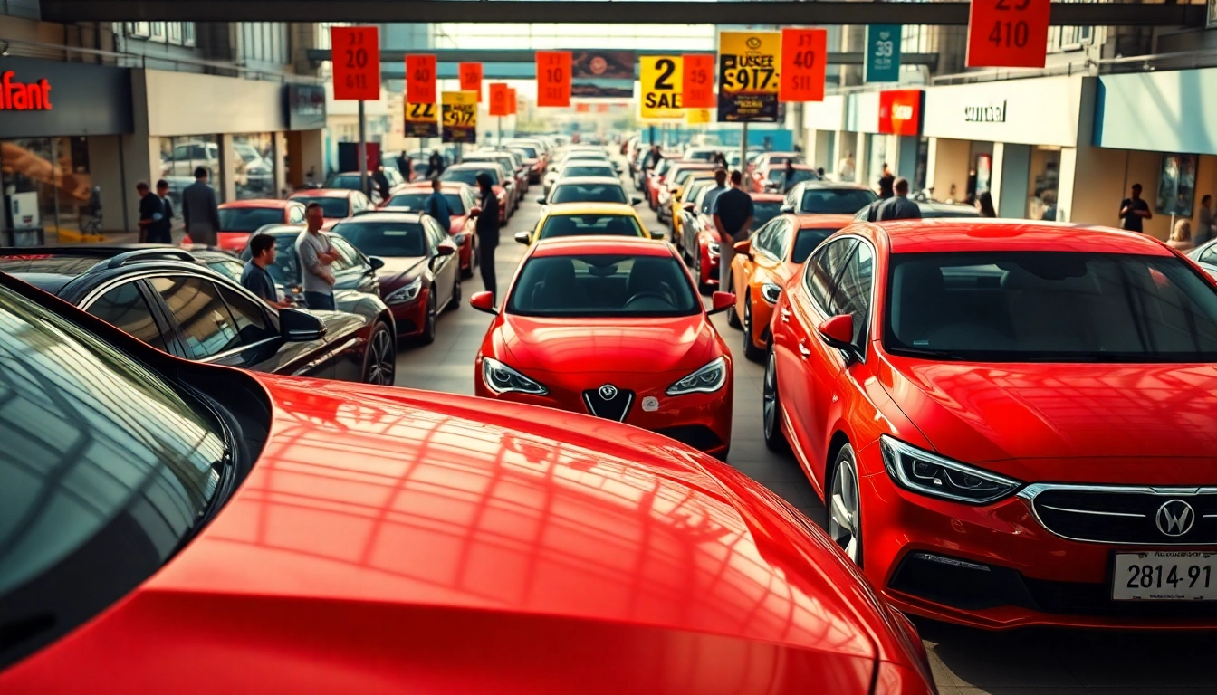 Auto kaufen: Modern cars available in a vibrant dealership setting with enthusiastic buyers.