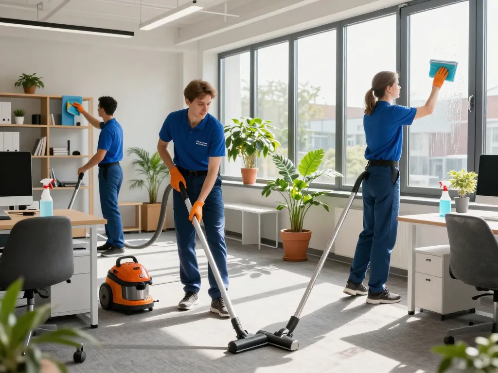 Professionelle Gebäudereiniger aus Münster reinigen ein Büro mit Teamarbeit und modernen Werkzeugen.
