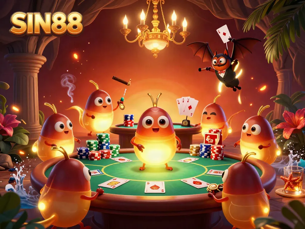 Experience the vibrant energy of SIN88 casino with colorful poker elements and glowing characters.
