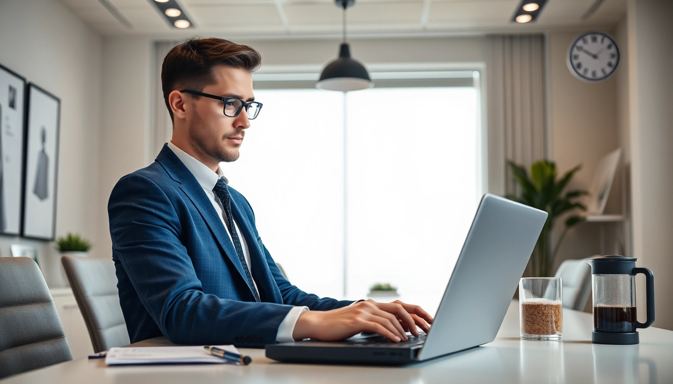 Headhunter arbeitet konzentriert in einem modernen Büro mit Laptop und Notizen.