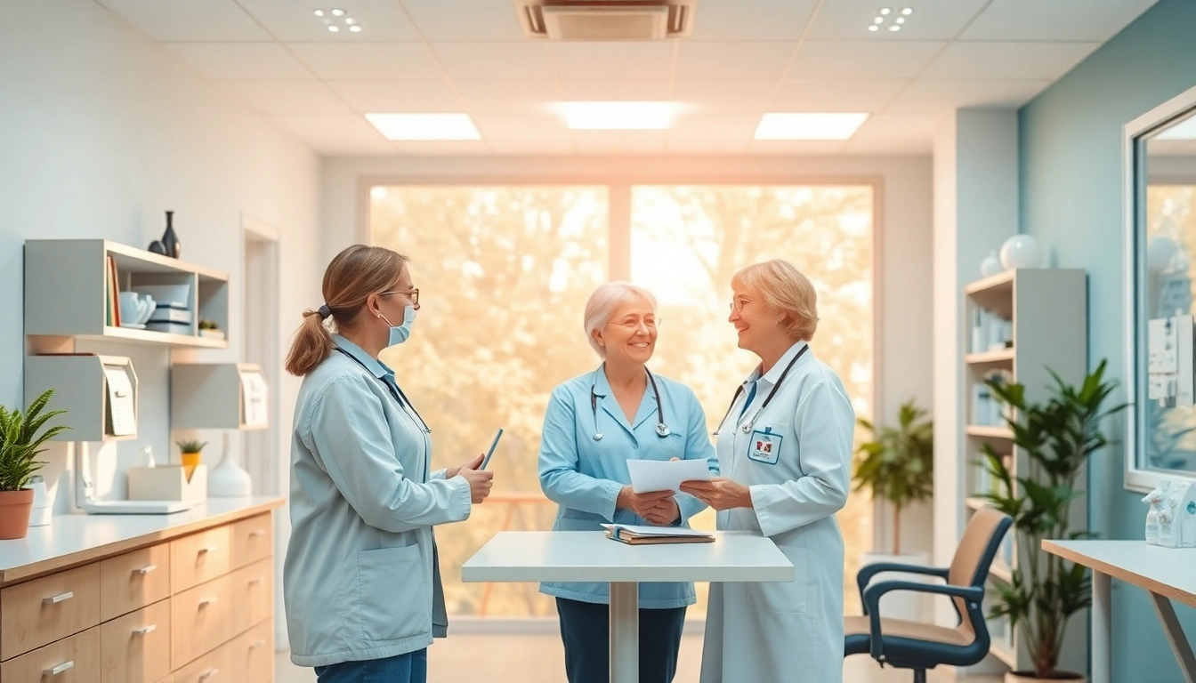 Marketing für Pflegedienste: Visuelle Darstellung eines einladenden Pflegebüros mit professionellen Interaktionen.