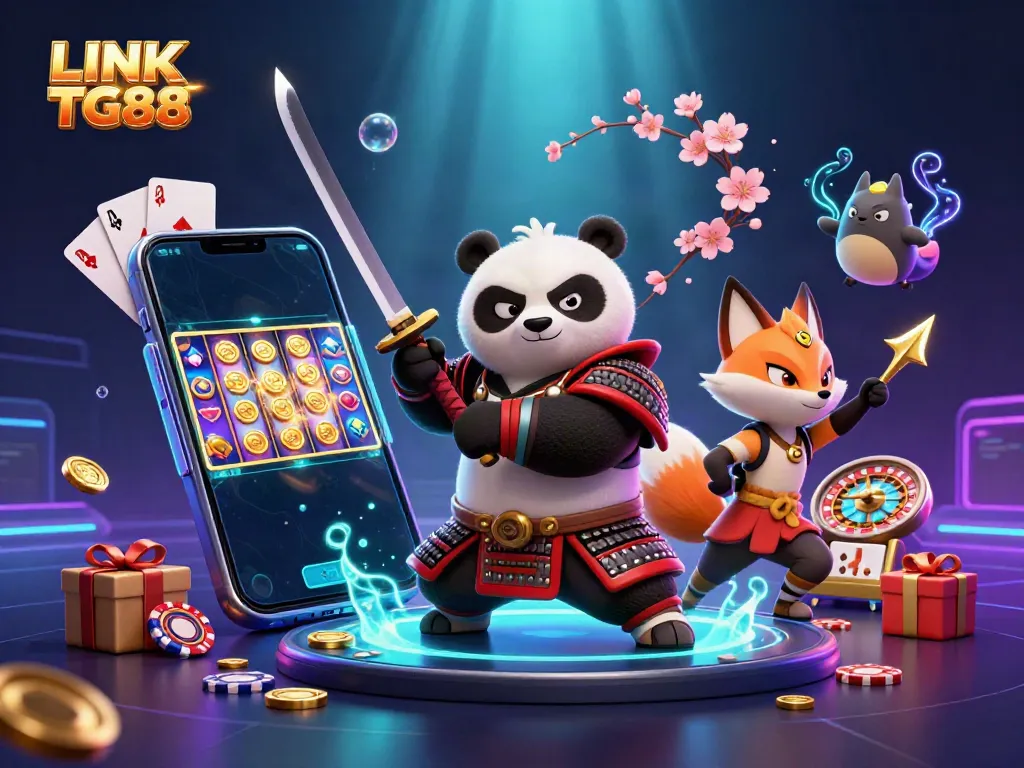 Experience the excitement of LINK TG88 with 3D samurai panda, ninja fox, and spirit tanuki in the ultimate casino scene.