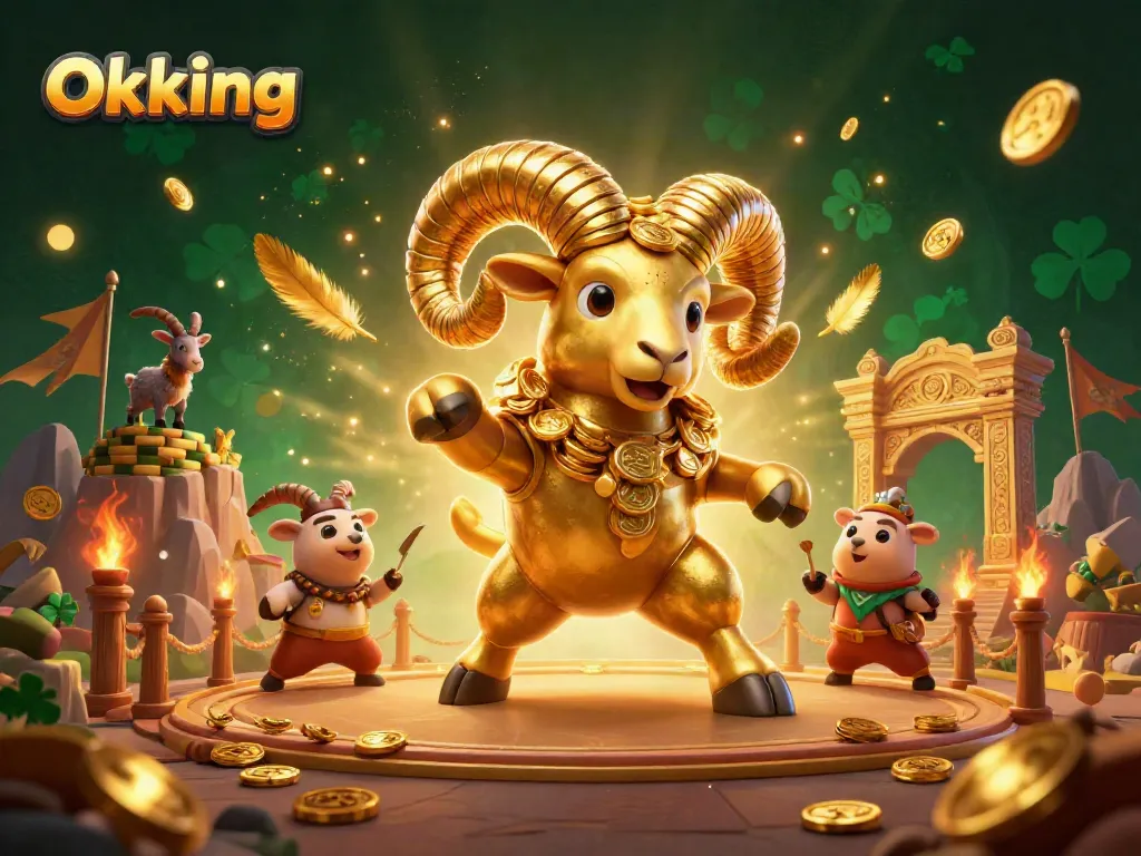 Experience the thrill of Okking with golden coins and dynamic gambling elements in a vibrant 3D scene.