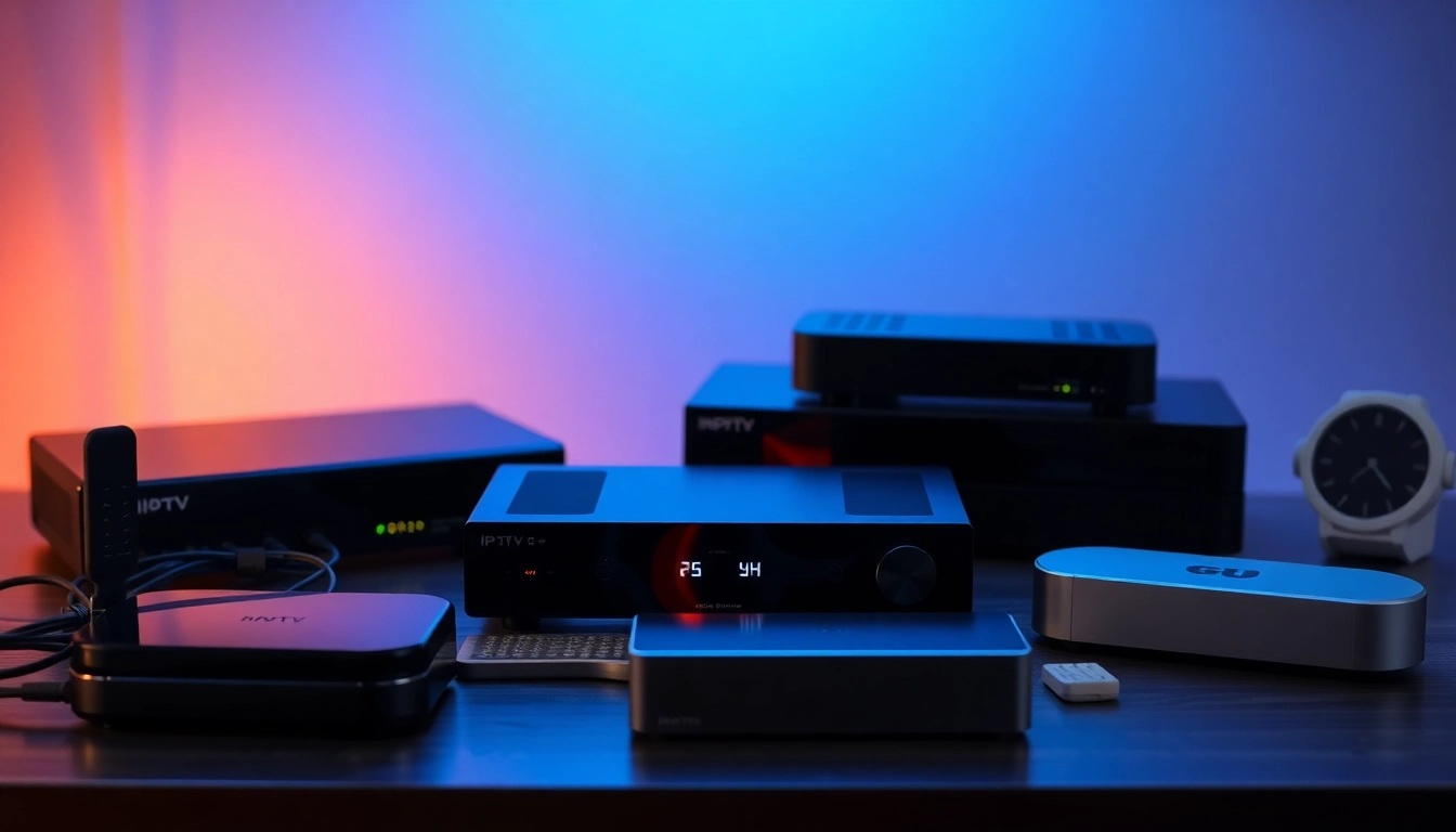 Browse premium IPTV Anbieter options with a collection of modern streaming devices on display.