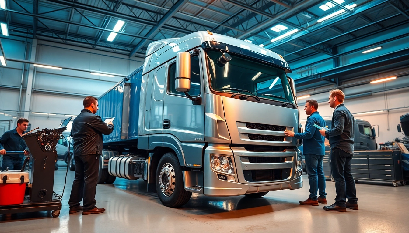 Lkw Gutachten Augsburg: Technicians inspecting a truck's details in an automotive workshop.