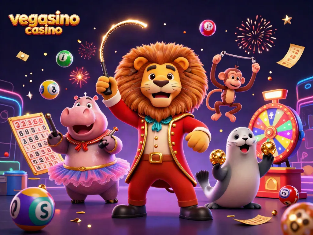 Engage in the excitement of vegasino casino with colorful elements and dynamic characters in an energetic casino scene.