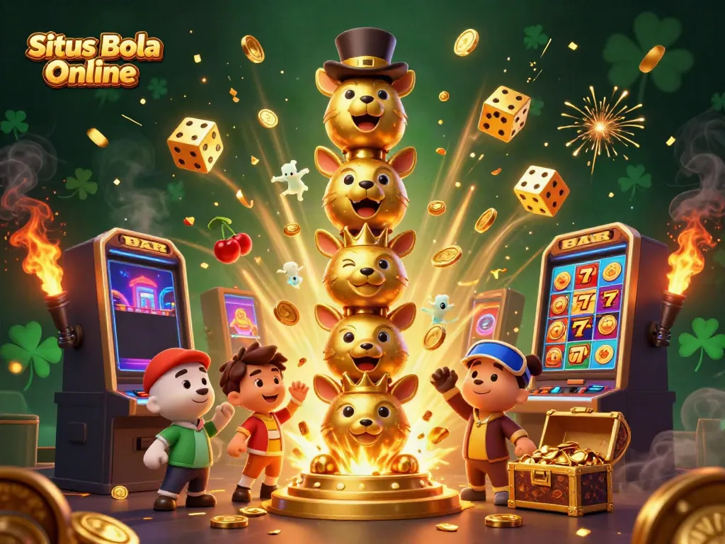 Experience the thrill of Situs Bola Online with a vibrant 3D illustration showcasing excitement, jackpots, and dynamic gameplay.
