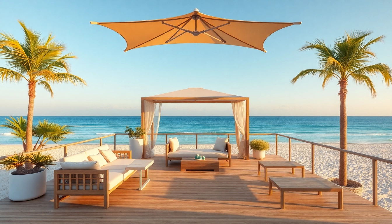 Besuchen Sie die traumhafte coastal cabana am Strand, die mit modernen Möbeln und tropischen Palmen umgeben ist.