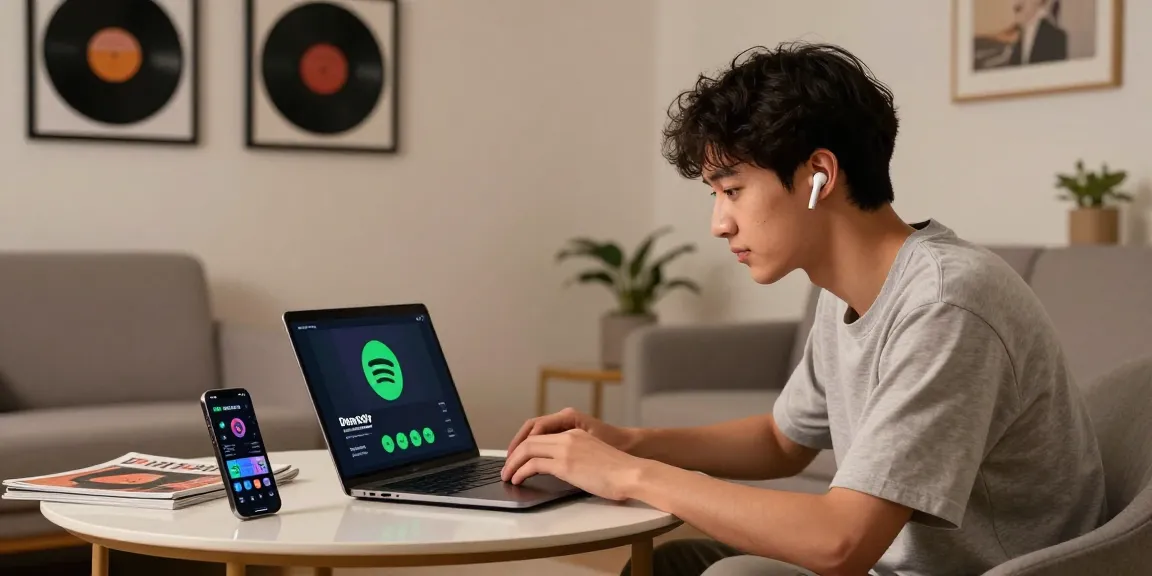 Young adult enjoying Spotify mod on a laptop in a cozy living room with music-themed decor.