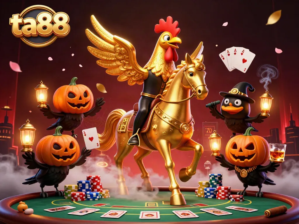 Engage with the energetic casino scene at ta88 featuring a golden rooster and mystical companions.