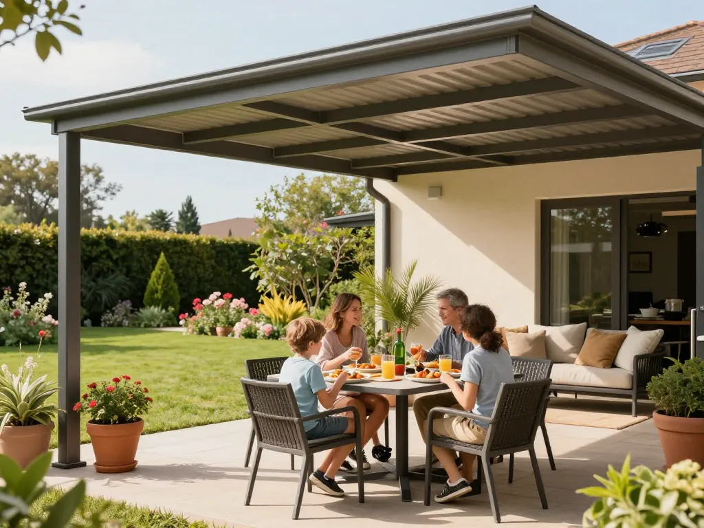 Terrassenüberdachung in einer sonnigen Außenumgebung mit einer Familie, die Brunch genießt.
