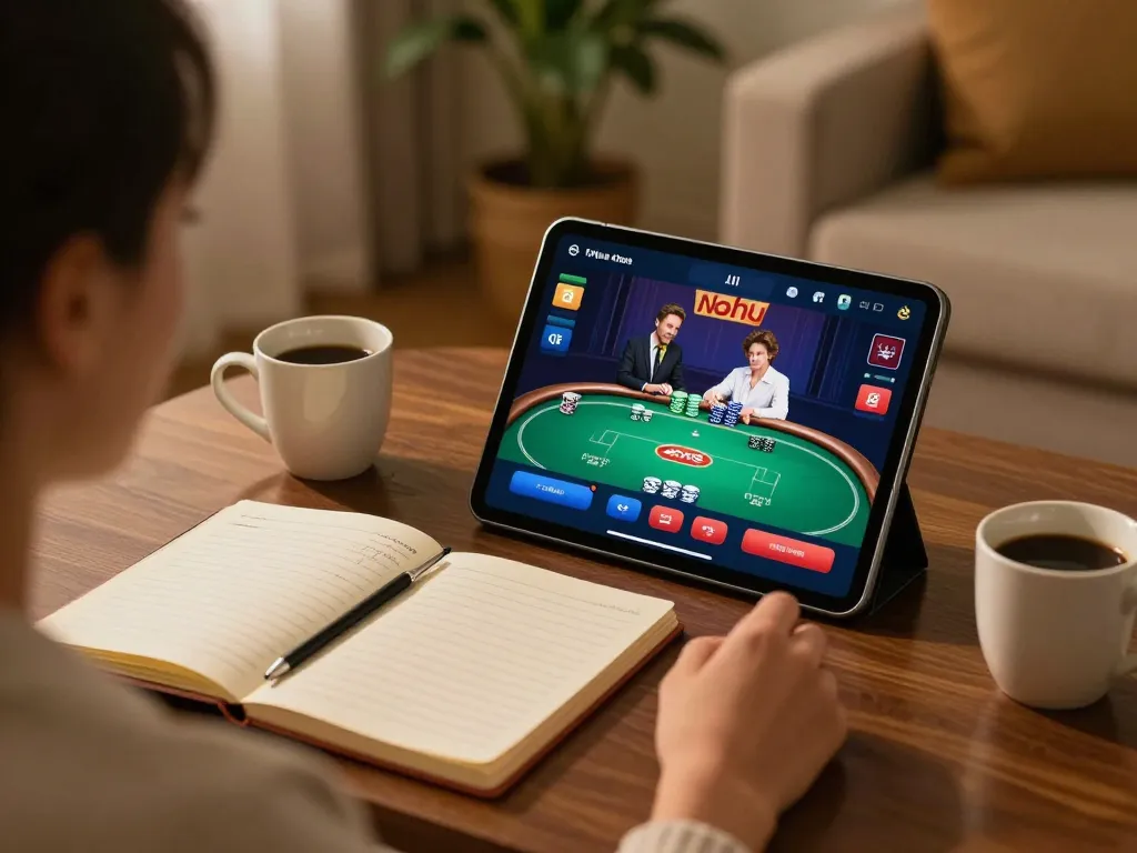 Nohu online casino gameplay session on tablet showing betting strategies and poker interface.