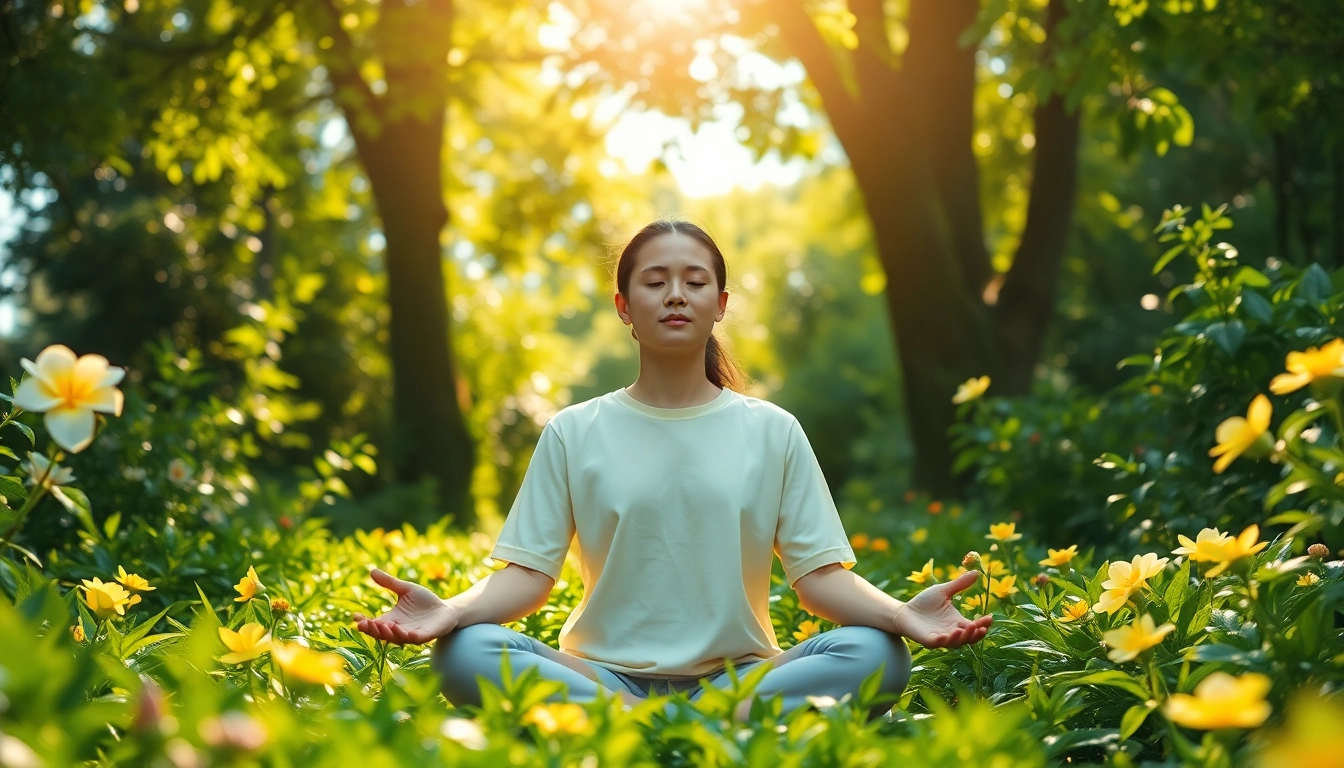 Enhance emotional wellbeing through meditation in a peaceful garden setting.