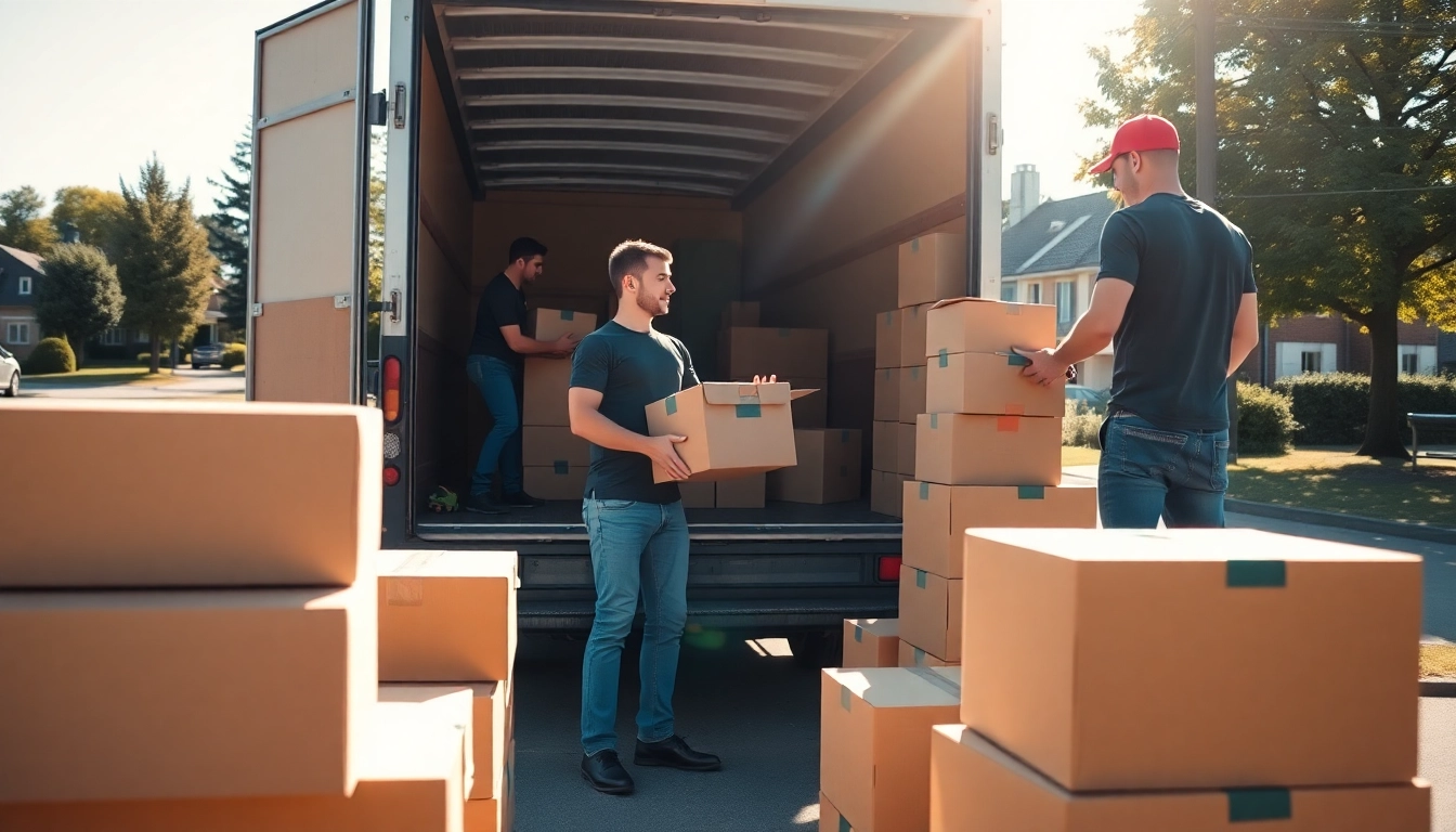 Umzugsunternehmen Darmstadt packen Umzugskartons und verladen sie in einen Lkw.