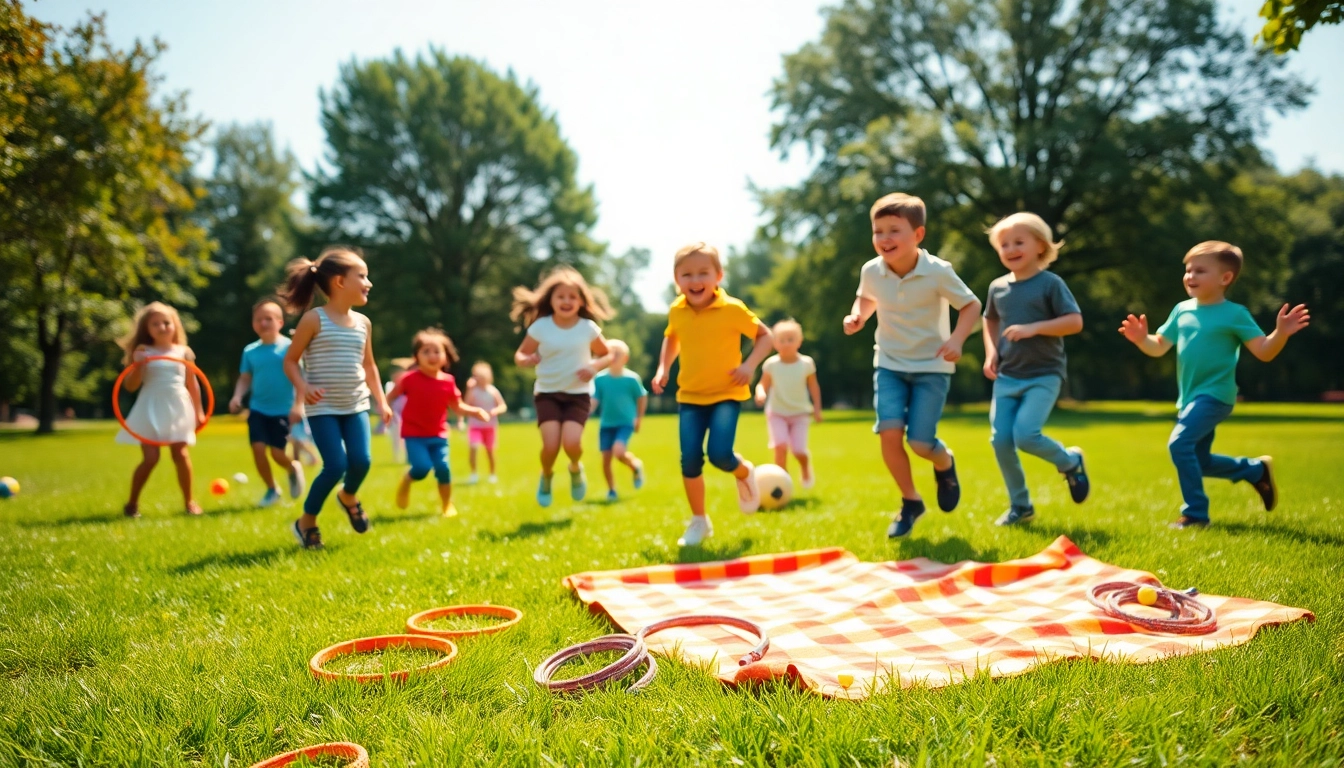 Jetzt Details ansehen ueber Kinder, die froehlich an Bewegungsspielen im Park teilnehmen.
