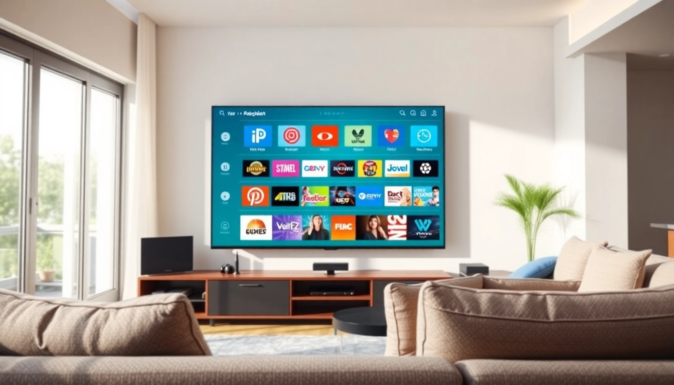 Iptv Anbieter in einem modernen Wohnzimmer, das verschiedene Kanäle präsentiert.