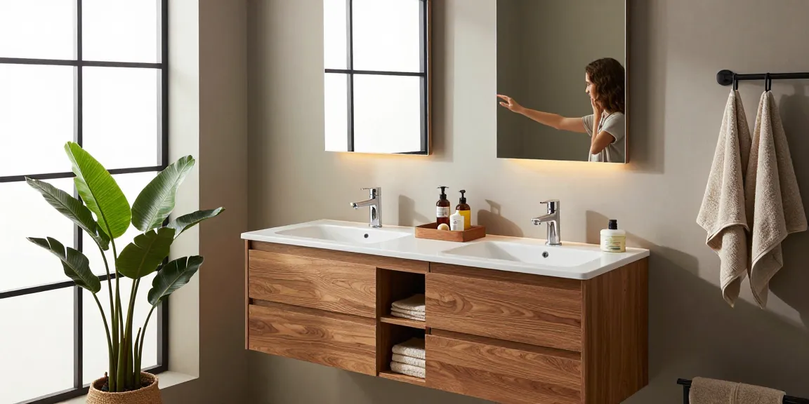 Stijlvol badkamermeubel met dubbele wastafel in een modern serene badkameromgeving.
