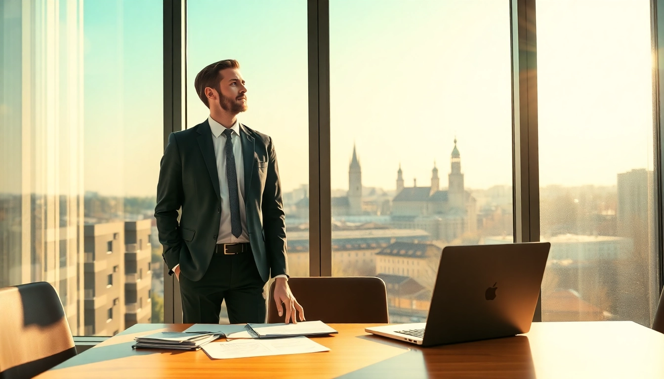 Headhunter Wiesbaden analysiert Bewerberunterlagen in einem modernen Büro mit Blick auf die Stadt.
