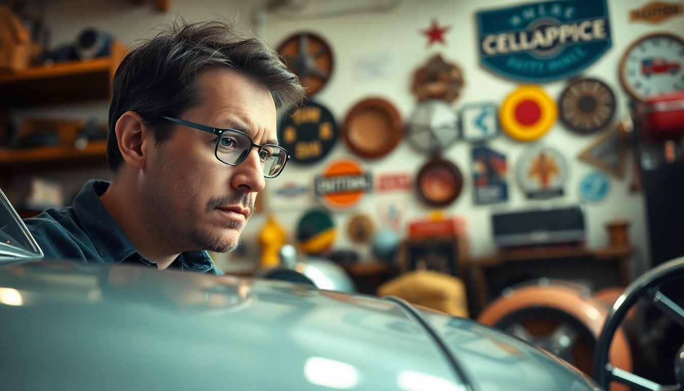 Oldtimer Gutachten: Fachmann bewertet ein klassisches Fahrzeug in einer hellen Garage.