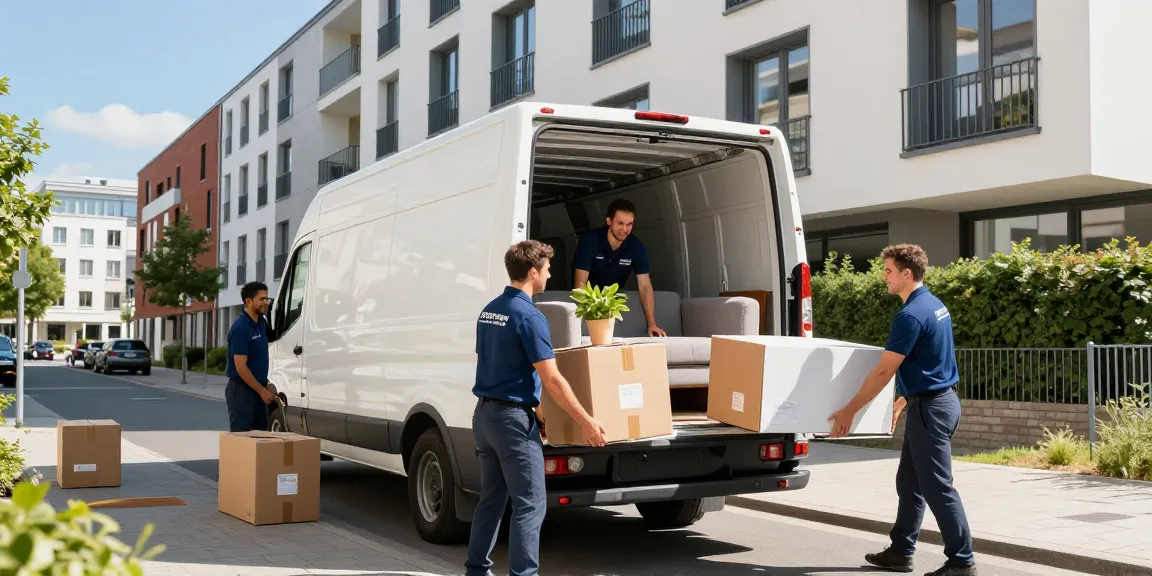 Umzugsunternehmen Darmstadt: Professionelle Umzugshelfer laden Möbel und Kartons in einen modernen Umzugswagen.