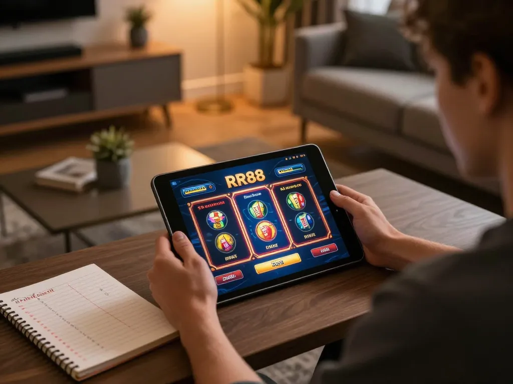 Player using the RR88 platform for engaging online gaming at home with strategy notes.