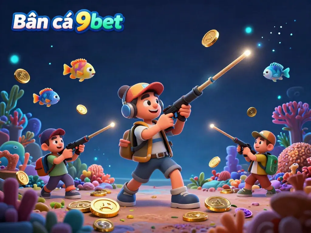 Engaging scene of players targeting fish in Bắn cá 9bet, with vibrant marine life and golden coins.