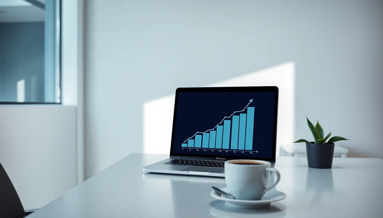 Visuelle Darstellung eines modernen Büros mit einem Laptop, der das steigende SEO-Ranking anzeigt und eine produktive Atmosphäre schafft.