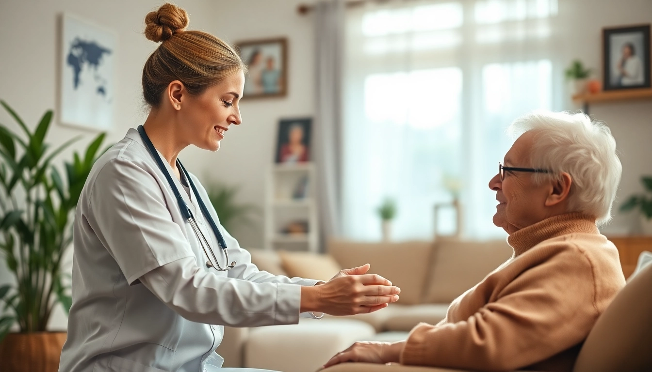 Pflegedienst in action, eine Gesundheitsarbeiterin hilft einem Senior in einem gemütlichen Zuhause.