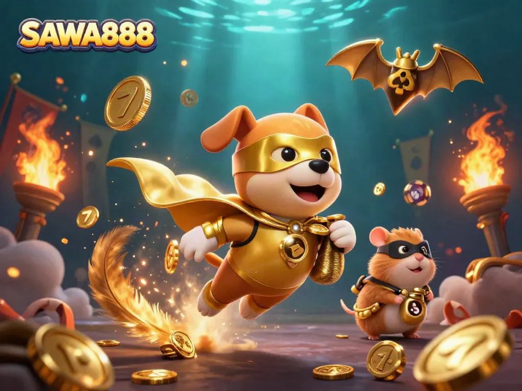 Experience the thrill of SAWA888 with a superhero dog and hamster in an exciting 3D casino scene.