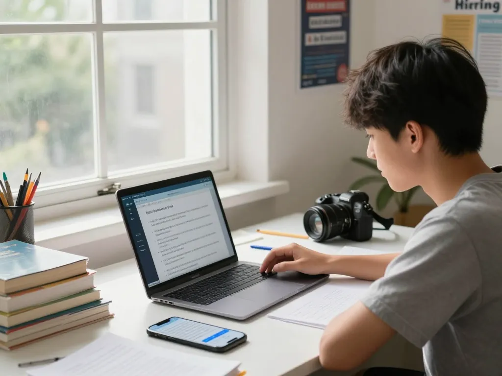 Student, der ein Hausaufgaben Löser KI-Tool auf einem Laptop in einem hellen Arbeitszimmer verwendet.
